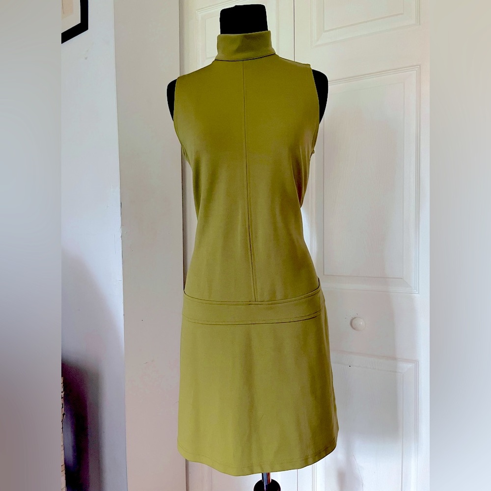 Mod 60s Style Drop-Waist Shift Dress Olive Green Sz 4
